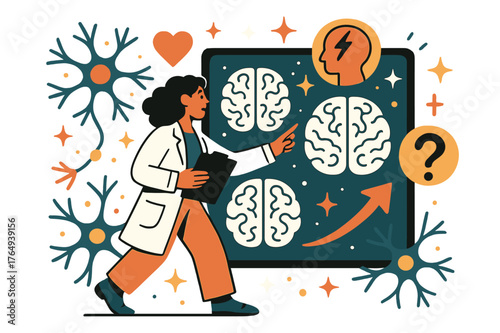 Neuroscience Discovery Art. Brain disorders and conditions. Neuroscientist analyzing brain scans on digital display with abstract floating neurons, icons, and