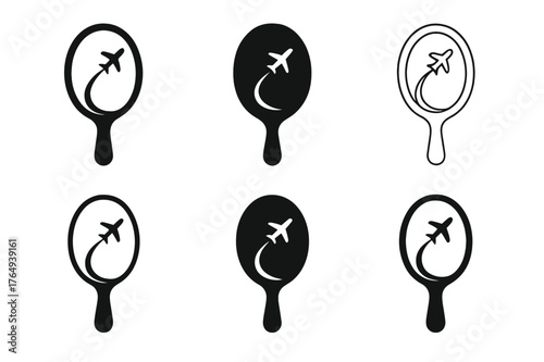 Cosmetic Travel Logos. Cosmetic surgery travel. Set Logo of Cosmetic surgery travel: mirror with plane trail. harmonious logo variations of the same emblematic