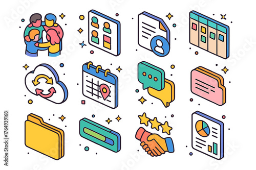 Group Collaboration Icons. Group project collaboration. Colorful isometric vector icons set of Group project collaboration: team huddle, roles assignment