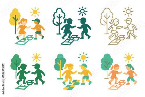 Playful Park Logos. Children playing in the park in June. Set Logo of Children playing in the park in June: hopscotch chalk grid on pavement. harmonious logo