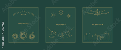 Simple line Merry Christmas, Happy New year banner, poster, card, invitation designs. Cute minimalist vector winter templates with christmas tree toys, snowflakes, boxes, foliage
