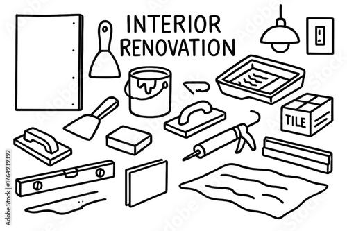 Interior Renovation Icons. Interior renovation. Hand-drawn doodle illustration interior renovation drywall sheet, putty knife, paint can, roller tray, light