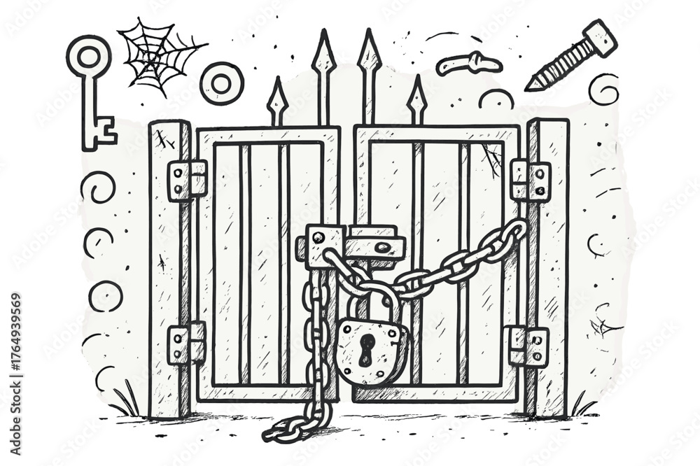 Obraz premium Rusty Gate Doodle. Locked Gate. Hand-drawn doodle illustration Locked Gate rusty lock, key, chain, old gate, metal latch, hinges, scratches, cobweb, dust,