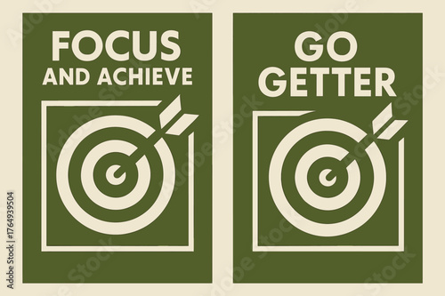 Focus and Achieve Banners. Focus and achieve. Two vertical A6 banners with safe margins, centered composition, no elements touching edges, geometric, olive