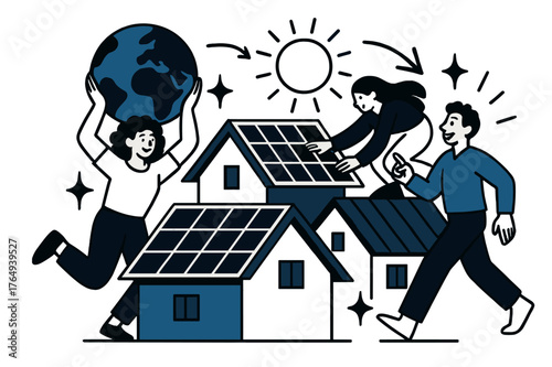 Solar-Powered Eco Awareness. Sustainable living and Earth Day awareness. Solar panels installed on rooftops with abstract floating sun icons, arrows, and