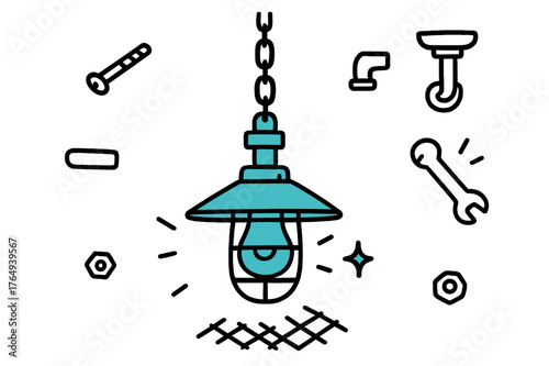 Industrial Ceiling Light. // Industrial ceiling light. Hand-drawn doodle illustration Industrial ceiling light [metal cage lamp (accented), bulb (accented),