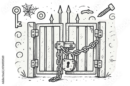 Rusty Gate Doodle. Locked Gate. Hand-drawn doodle illustration Locked Gate rusty lock, key, chain, old gate, metal latch, hinges, scratches, cobweb, dust,