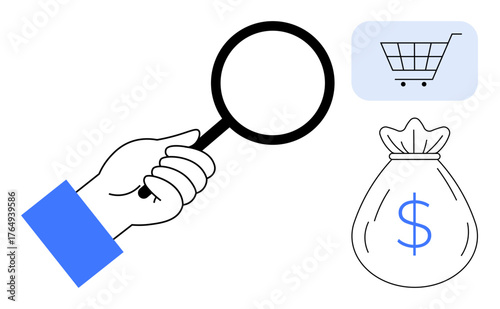 Hand holding magnifying glass, bag with currency symbol, and shopping cart. Ideal for e-commerce, budgeting, financial management, consumer insights, investment retail economic analysis. Clean