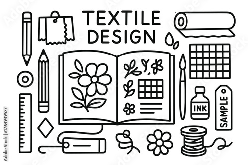 Textile Design Tools. Textile design. Hand-drawn doodle illustration textile design sketchbook, pencil, ruler, swatches, pattern grid, brush, ink bottle,