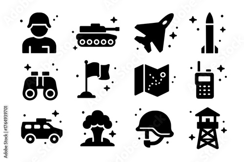 Battle Icons Grid. Battle Advance. Solid icons set of Battle Advance: soldier, tank, jet, missile, binoculars, flag, map, radio, armored vehicle, explosion,