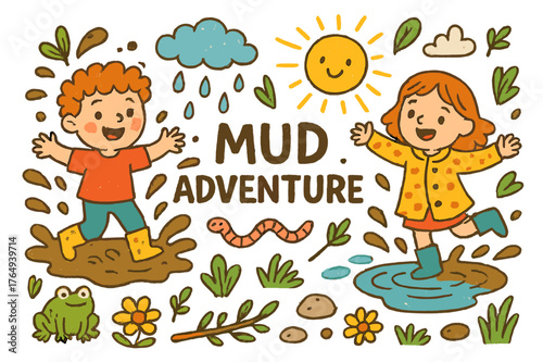 Children's Mud Adventure. mud adventure. Colorful Hand-drawn doodle Children illustration mud adventure mud, puddles, boots, splashes, frog, worm, stick, rock,