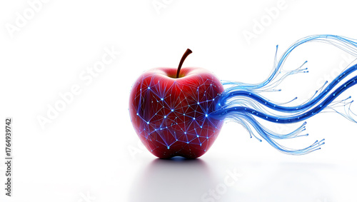 Red apple with glowing blue network connections and data streams fruit food