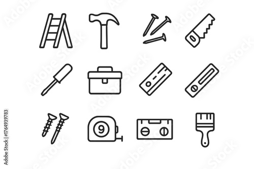 House Repair Icons. House repair. Line icon set of house repair: ladder, hammer, nails, saw, screwdriver, toolbox, plank, screws, measuring tape, level, drill,