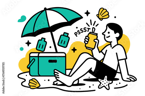 Beachside Cooler Fun. Beach Cooler Break. Umbrella shade, sandy toes, and a fizzing can cracking open?spark lines burst ?pssst.? Ice packs and shells orbit the