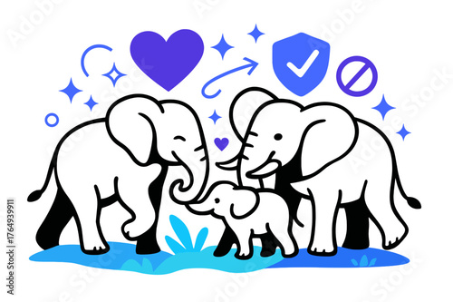 Elephant Sanctuary Success. Poaching awareness. Elephant family in safe sanctuary with abstract floating hearts, protection icons, and sparkles; conveys