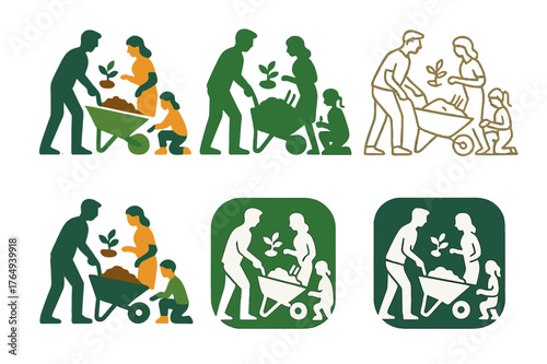 Garden Harmony Logos. A family spending time outdoors, tending to their garden or yard. Set Logo of A family spending time outdoors, tending to their garden or