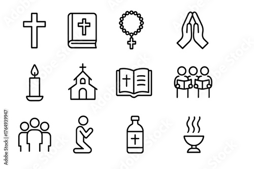 Religious Icon Set. Religious gathering. Line icon set of religious gathering: cross, Bible, rosary, praying hands, candle, church, prayer book, choir, holy