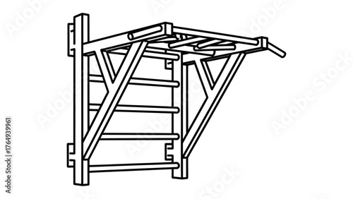 Workout Structure: An illustration showcasing a detailed, minimalist line drawing of a wall-mounted structure for fitness training. This artistic rendering captures the essence of an indoor gym.