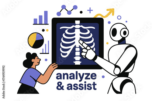 AI X-Ray Analysis. Healthcare Tech ? AI Diagnosis. Robot hand points to a digital X-ray on a floating screen; data bars and neural nodes animate around it.