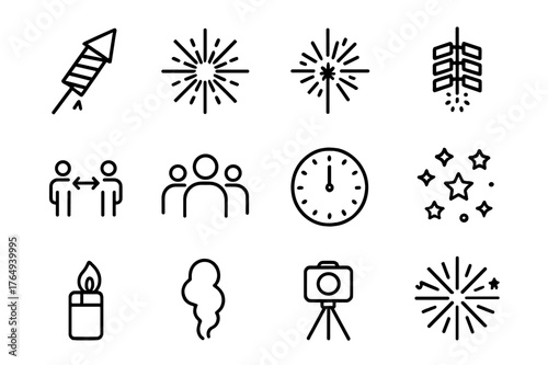Fireworks Icon Set. Fireworks Celebration. Line icon set of Fireworks Celebration: rocket firework, chrysanthemum burst, sparkler, firecracker string, safety