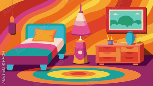 A childs bedroom with a rainbowcolored rug a lava lamp on the nightstand and a funky geometric wallpaper in shades of orange and pink.
