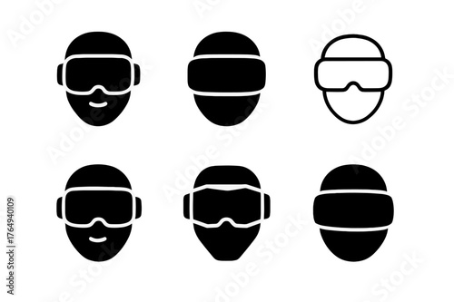 Virtual Presence Logos. Digital avatars. Set Logo of virtual presence: VR headset face. Icon set. harmonious logo variations of the same emblematic concept,