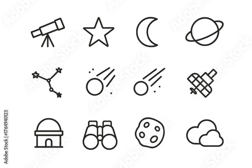 Night Sky Icons. Night sky observation. Line icon set of night sky observation: telescope, star, moon, planet, constellation, comet, meteor, binoculars,