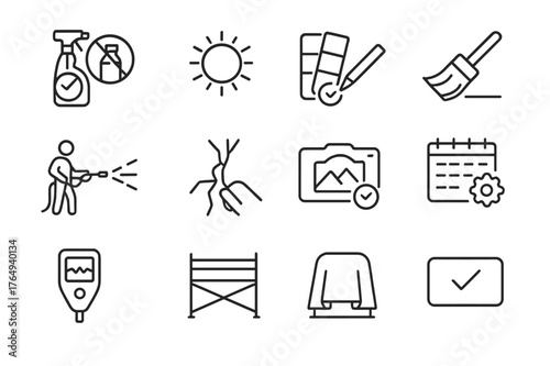 Mural Care Icons. Mural Care and Conservation. Line icon set of Mural Care and Conservation: anti graffiti coating, UV protection sun, color swatch check,