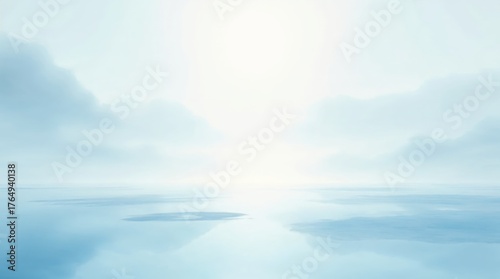 Serene Minimalist Watercolor Landscape with Reflective Water and Diffused Sky Light, Ethereal Dreamlike Painting in Cool Blues and Whites Conveying Calm, Spiritual Stillness, and Infinite Horizon.