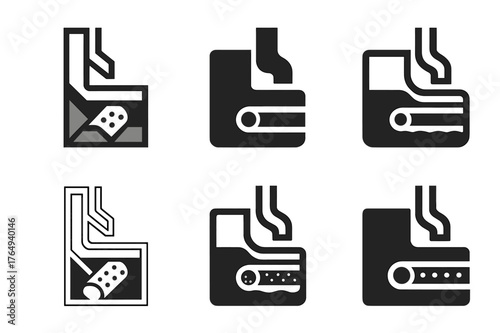 Drainage Pipe Logo Variations. Drainage pipes in trench. Set Logo of Drainage pipes in trench: French drain along building foundation with downspout