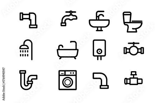 House Plumbing Icons. Schematic of house plumbing. Line icon set of schematic of house plumbing: water pipe, faucet, sink, toilet, shower, bathtub, water