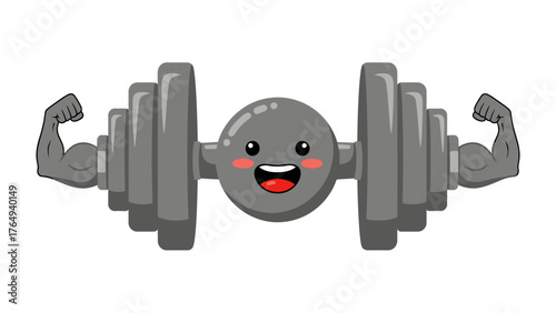 Strong and Happy Dumbbell: A smiling dumbbell with cartoon arms flexes its muscles, embodying strength and happiness.
