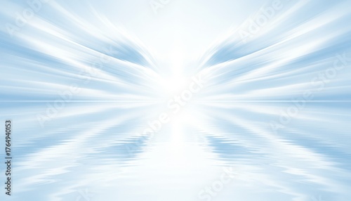 Radiant Abstract Light Explosion in Cool Blues and Whites, Feathered Energy Beams Expanding from Bright Center Above Reflective Surface, Minimalist Cosmic Artwork Conveying Serenity and Infinity