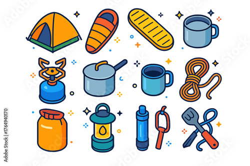Spring Camping Gear. Spring overnight camp essentials. Colorful isometric vector icons set of Spring overnight camp essentials: dome tent, three-season