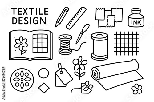 Textile Design Tools. Textile design. Hand-drawn doodle illustration textile design sketchbook, pencil, ruler, swatches, pattern grid, brush, ink bottle,