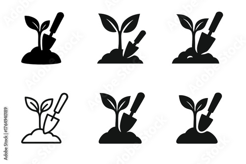 Habitat Restoration Logos. Habitat restoration. Set Logo of Habitat restoration: sapling with trowel. harmonious logo variations of the same emblematic