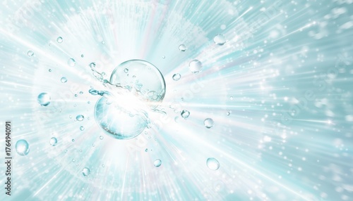 Photorealistic Macro Render of Water Droplet Collision, Dynamic Splash and Scattering Droplets Suspended in Bright White Light, Clean Blue Palette Capturing Purity, Energy background