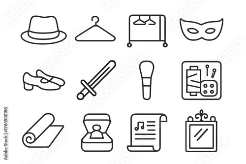 Costume Prop Icons. Costume and Props. Line icon set of Costume and Props: hat, hanger, wardrobe rack, mask, stage shoes, prop sword, makeup brush, sewing kit,