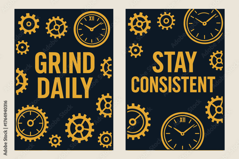 Naklejka premium Grind Consistency Banners. Grind daily. Two vertical A6 banners with safe margins, centered composition, no elements touching edges, bold, navy and gold,