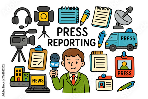 Colorful Press Report Doodles. press reporting. Colorful Hand-drawn doodle Children illustration press reporting reporter, camera, microphone,