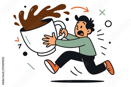 Chaotic Coffee Spill. Funny sketches. Character holding oversized coffee cup spilling everywhere; abstract floating coffee droplets and motion lines convey