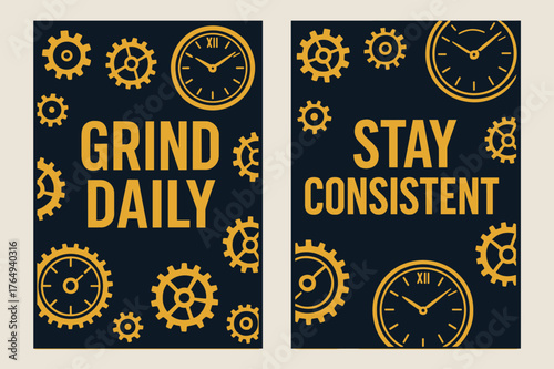 Grind Consistency Banners. Grind daily. Two vertical A6 banners with safe margins, centered composition, no elements touching edges, bold, navy and gold,