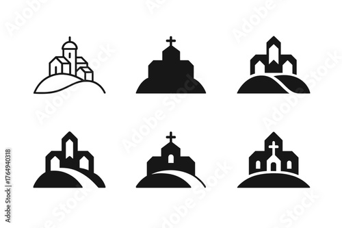 Monastery Logo Variations. The history and significance of Christian monasteries. Set Logo of The history and significance of Christian monasteries: a hilltop