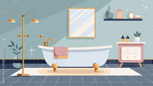 A chic bathroom with a clawfoot tub marble countertops and gold fixtures.