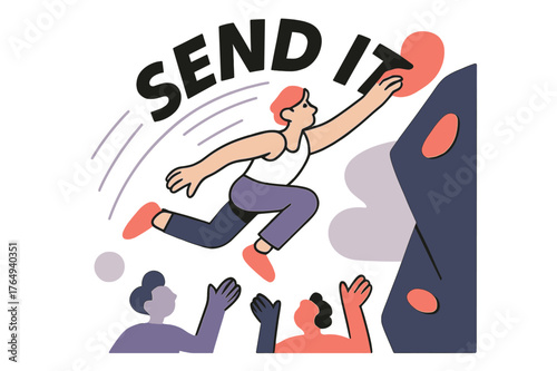 Dynamic Climbing Leap. Dyno to the Jug. Knees load, hands launch, the climber flies between holds; ?SEND IT? arcs with motion streaks. Spotters below glow as