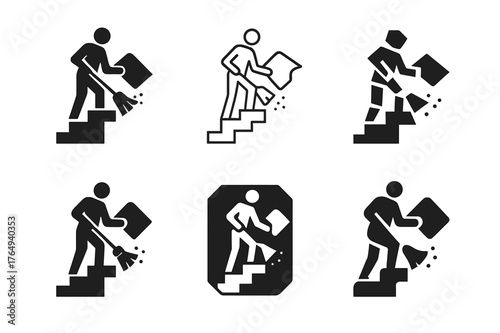 Staircase Logo Variations. Sweeping the stairs. Set Logo of Sweeping the stairs: Staircase runner being shaken and swept. harmonious logo variations of the