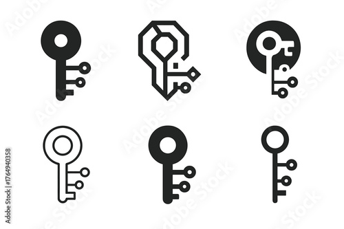 Encryption Logo Variations. Data protection and encryption technologies. Set Logo of encryption key: digital key with circuit lines. Icon set. harmonious logo