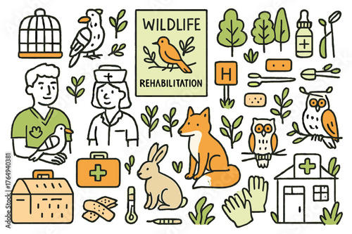 Wildlife Rehab Doodle. Wildlife rehabilitation centers. Hand-drawn doodle illustration veterinarian (colored), injured bird (colored), animal cage (colored),