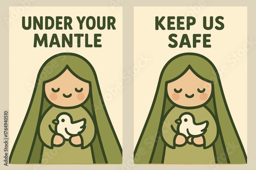 Gentle Protector Banners. Gentle Protector. Two vertical A6 banners with safe margins, centered composition, no elements touching edges, kawaii, olive green