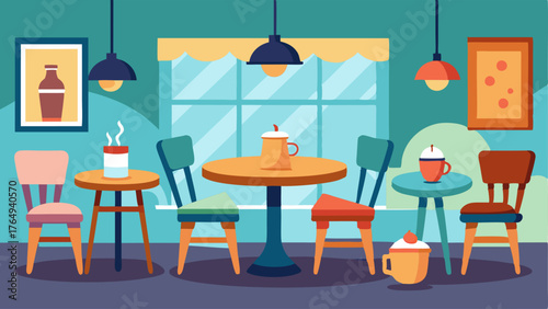 A cozy corner cafe with mismatched chairs and tables offering a variety of hot and cold drinks.